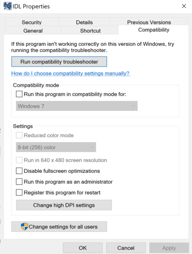 Windows compatibility settings